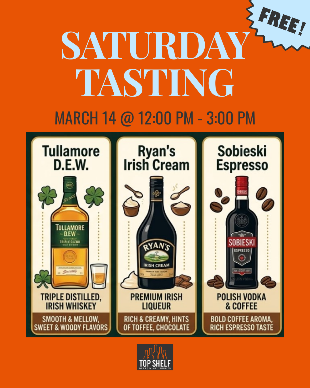 Saturday tasting event for Irish liquors
