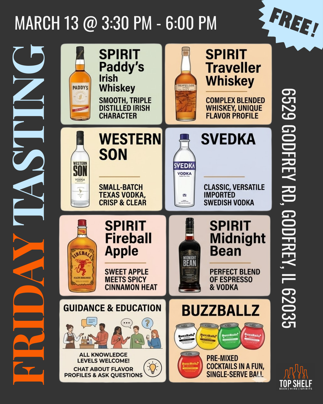 Friday tasting event with various spirits